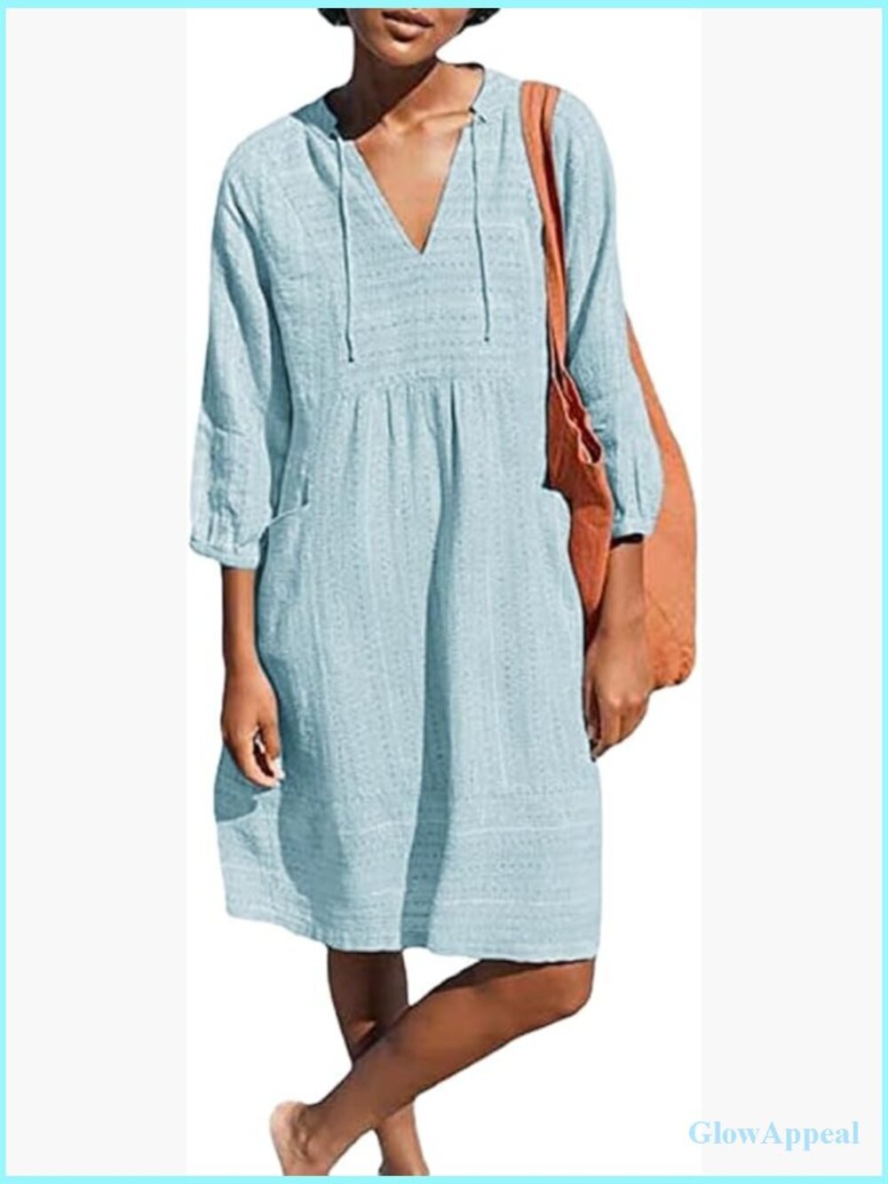 Womens V Neck Cotton Shift Dress 3/4 Sleeve Pocket Loose Tunic